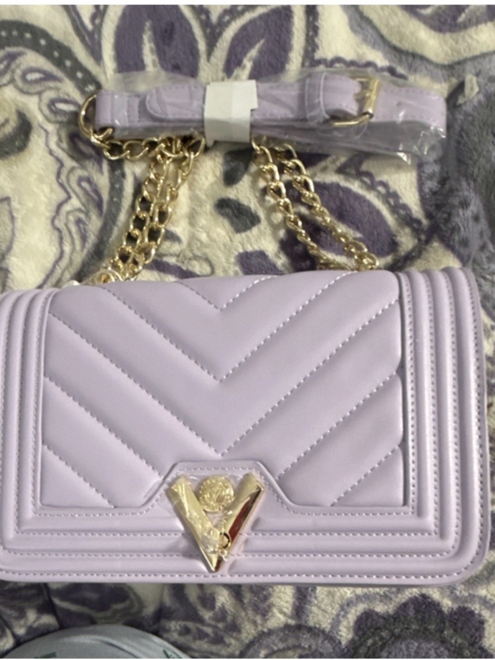 Valentino Orlandi Lavender Quilted Chain Crossbody with Gold Hardware